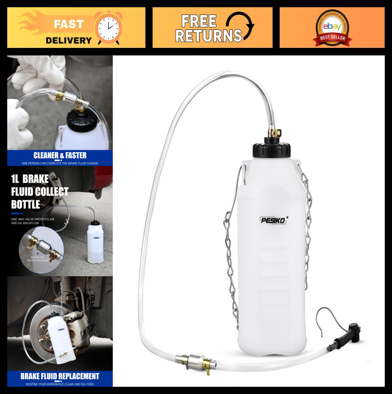 1L Brake Bleeder Bottle Kit with One Way Valve, 24" Tube & Rubber Connector
