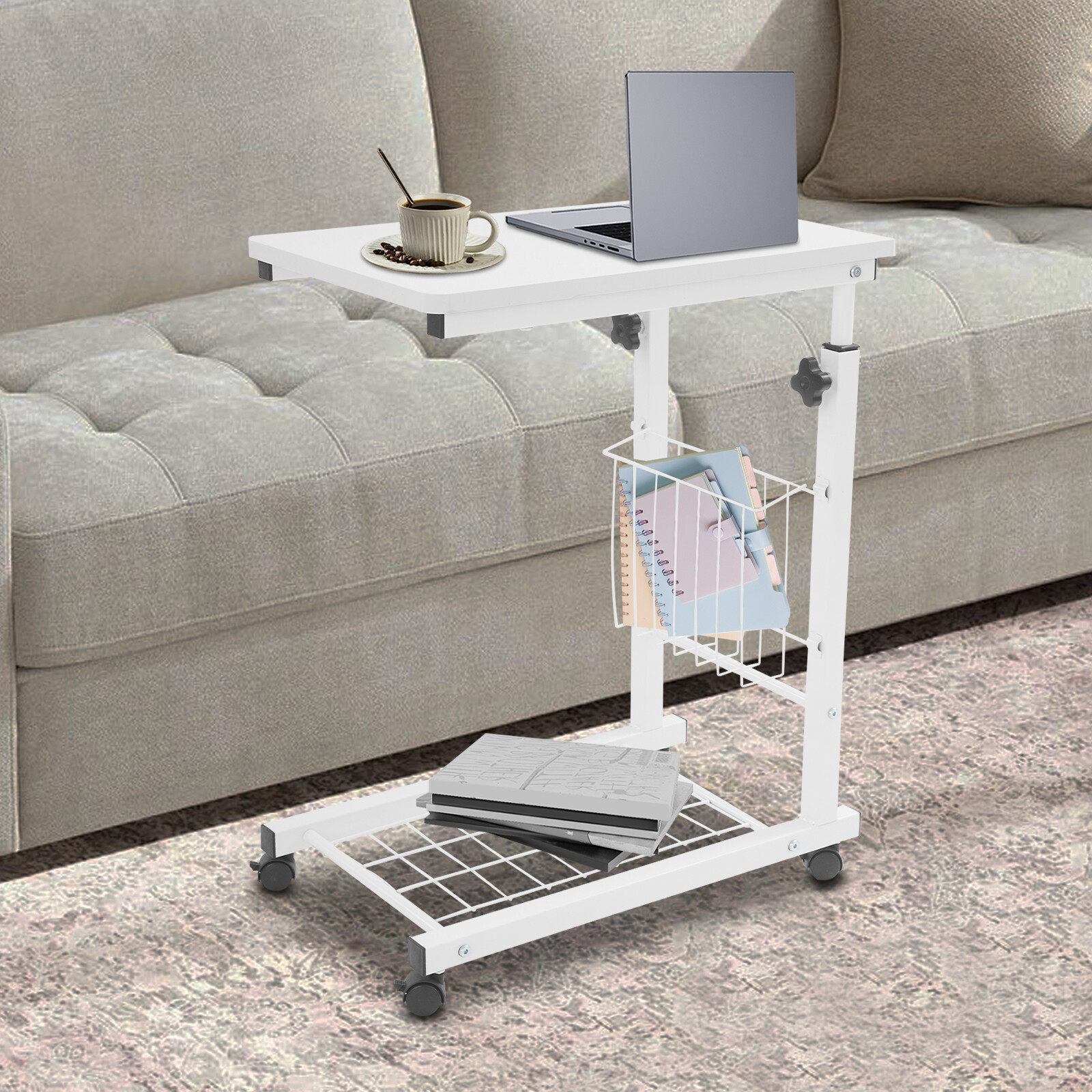 Adjustable Bed Side Table, Side Table with Wheels, Mobile Standalone Table