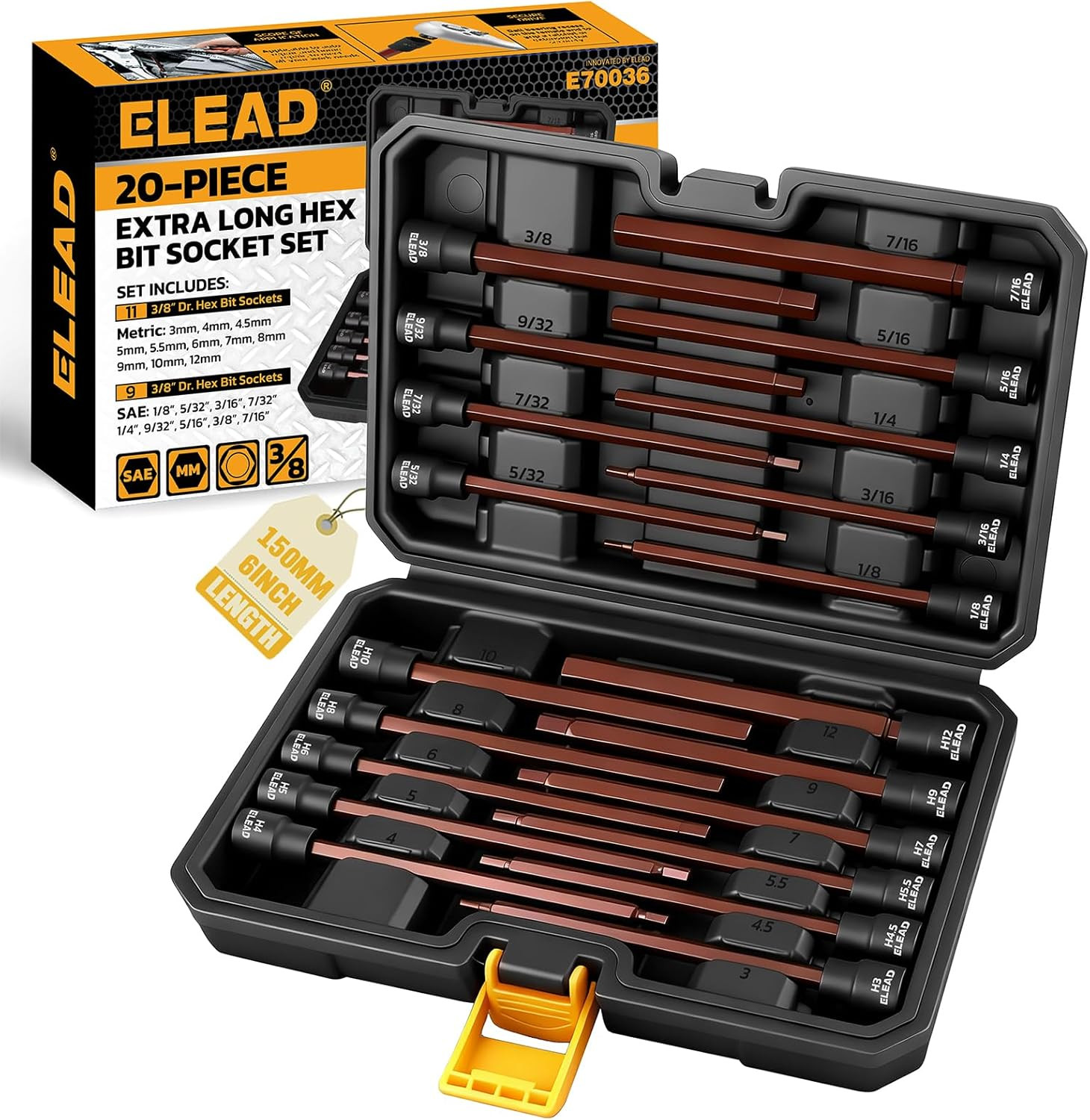 Extra-Long Allen Hex Bit Socket Set: 20-Piece 3/8 Inch Drive, 150Mm S2 Steel, St