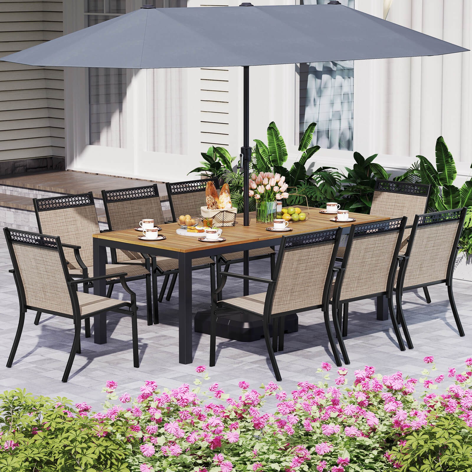 9-Piece Outdoor Patio Furniture w/ Large Wooden Tabletop & Umbrella Hole