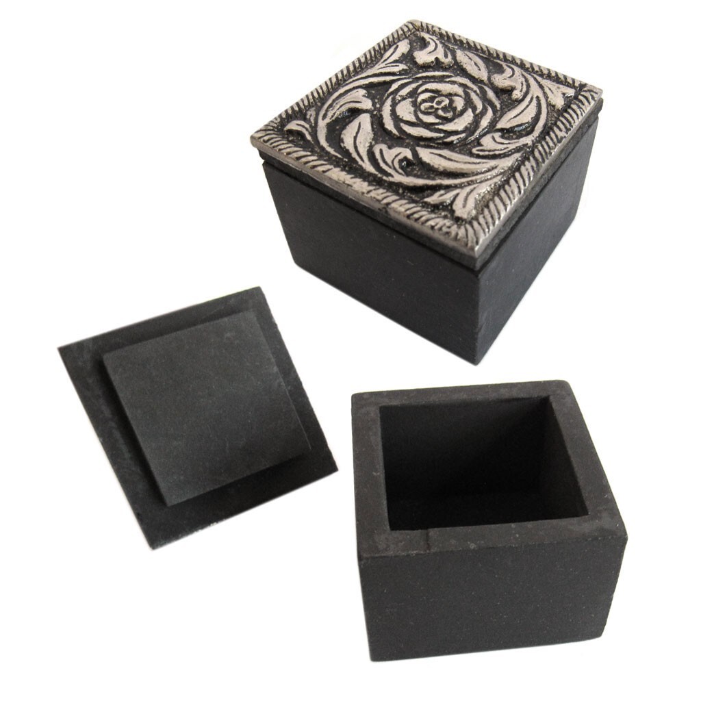 NEW Peony Floral Mini Trinket Box - Embossed Silver Metal and Wood 1.5"