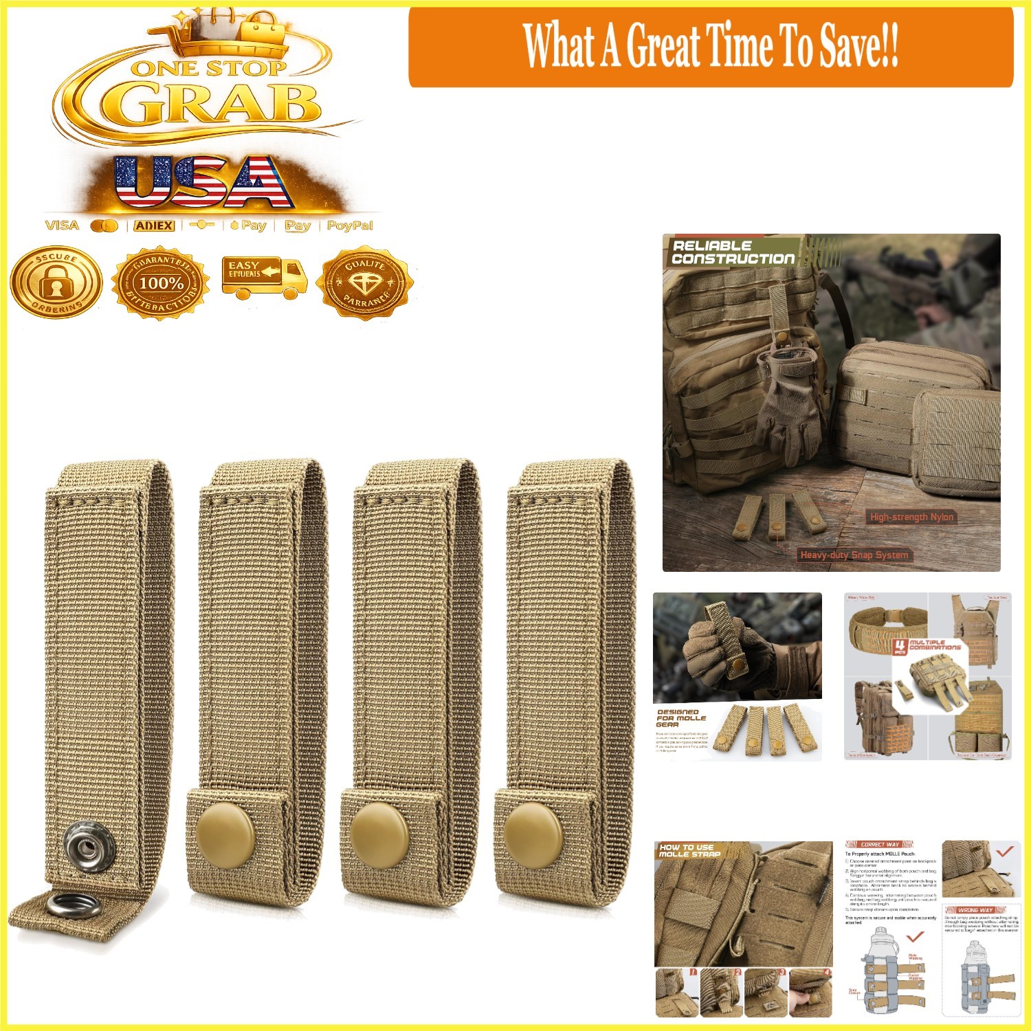 4 Pack Molle Straps 4 Inch Nylon Webbing Connectors for Tactical Gear Khaki
