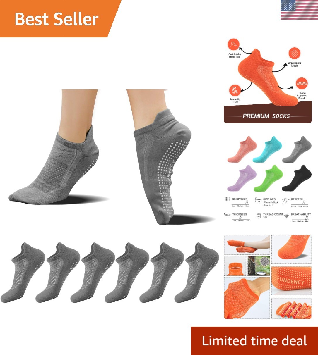 Non-Slip Yoga Socks for Women - 6 Pairs Anti-Skid Grips for Fitness & Pilates