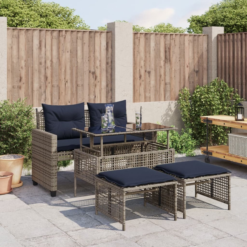 4 Piece Patio Sofa Set with Cushions Gray Poly Rattan Glass