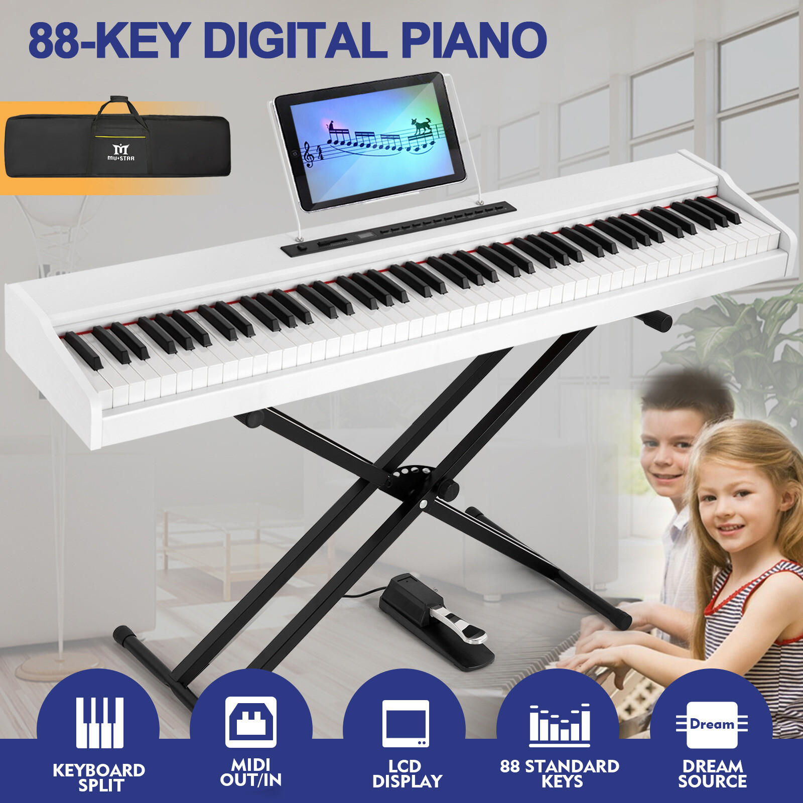 Portable 88Key Full Size Semi Weighted Digital Piano Electronic Keyboard W/Pedal