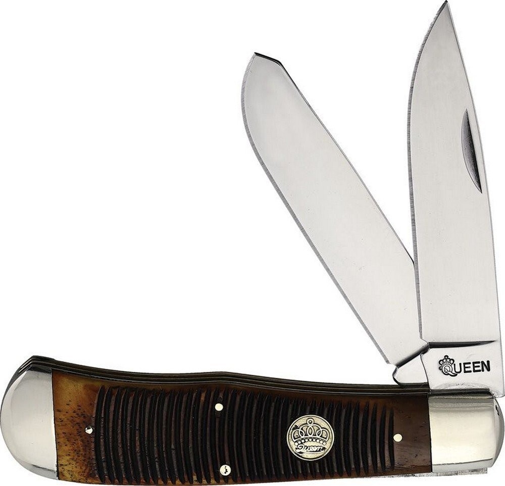 Queen Big Boy Trapper Folding Knife 1095 Steel Blades Burnt Handle QN7565
