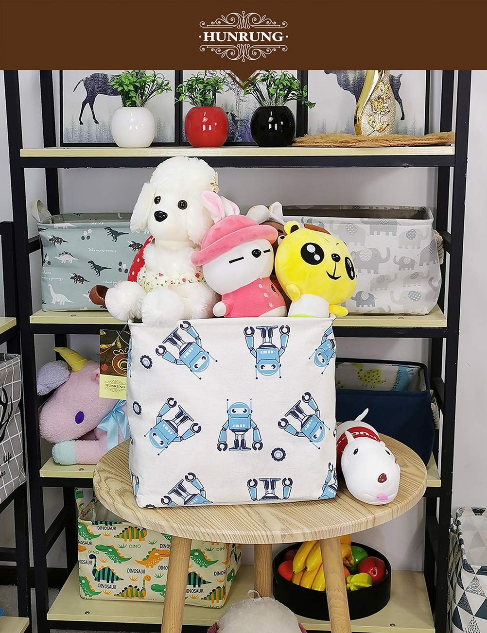 Square Storage Bins Laundry Basket Foldable Gift Baskets Bedroom(Blue robot)