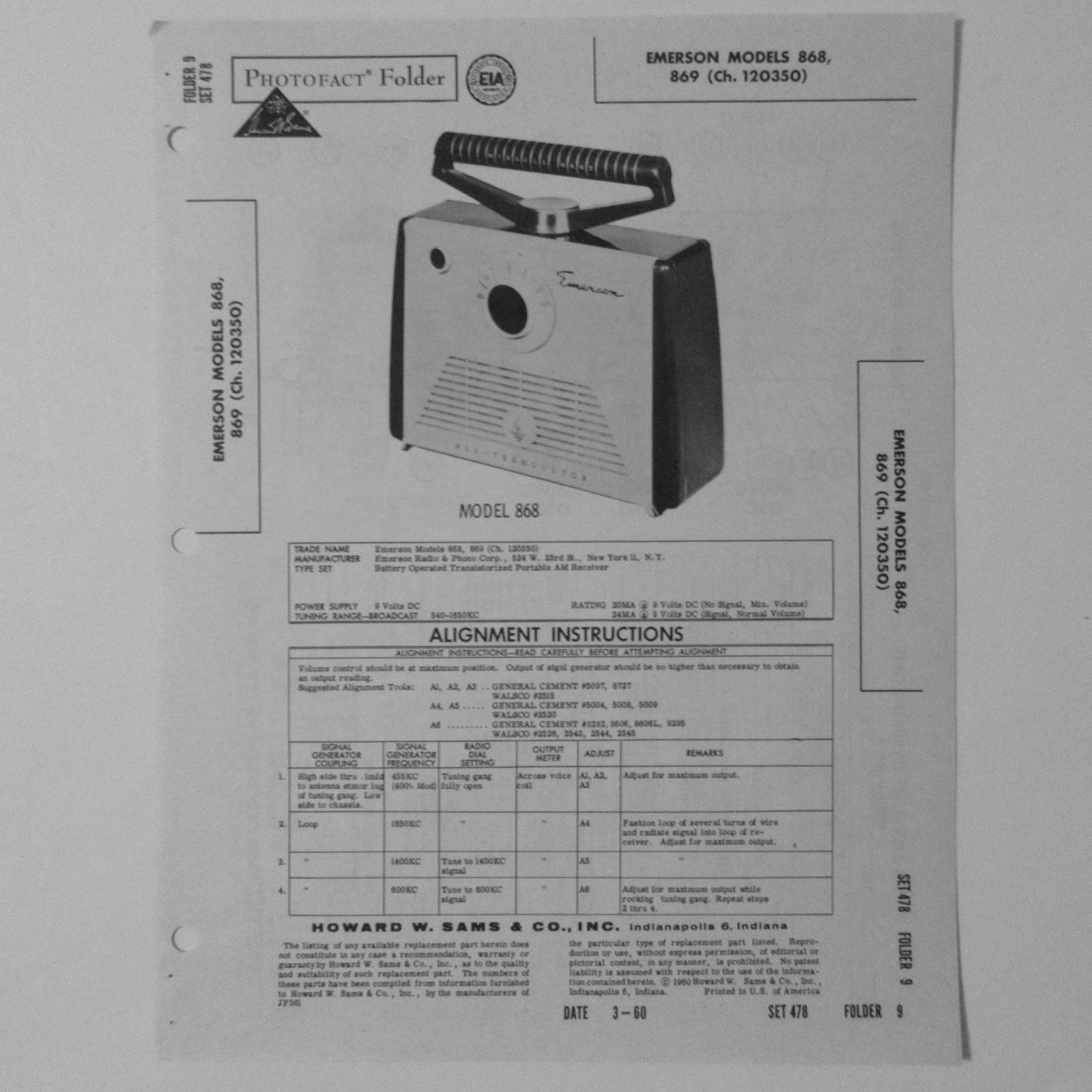 Emerson Models 868 869 Portable AM Radio Receiver - SAMS Photofact ™ 1960 - New