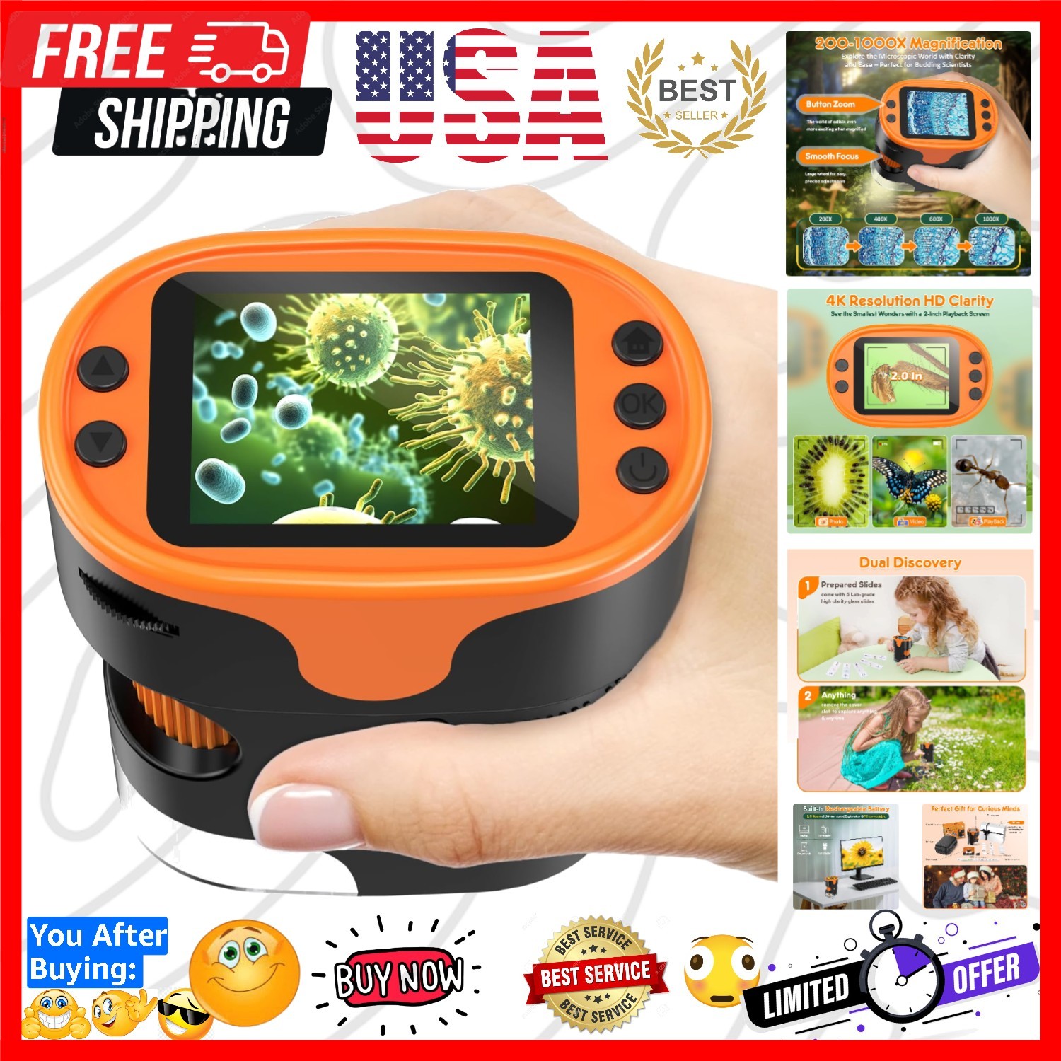 1000X Handheld Microscope for Kids 4K 2.0" Screen Rechargeable Mini Pocket Di...