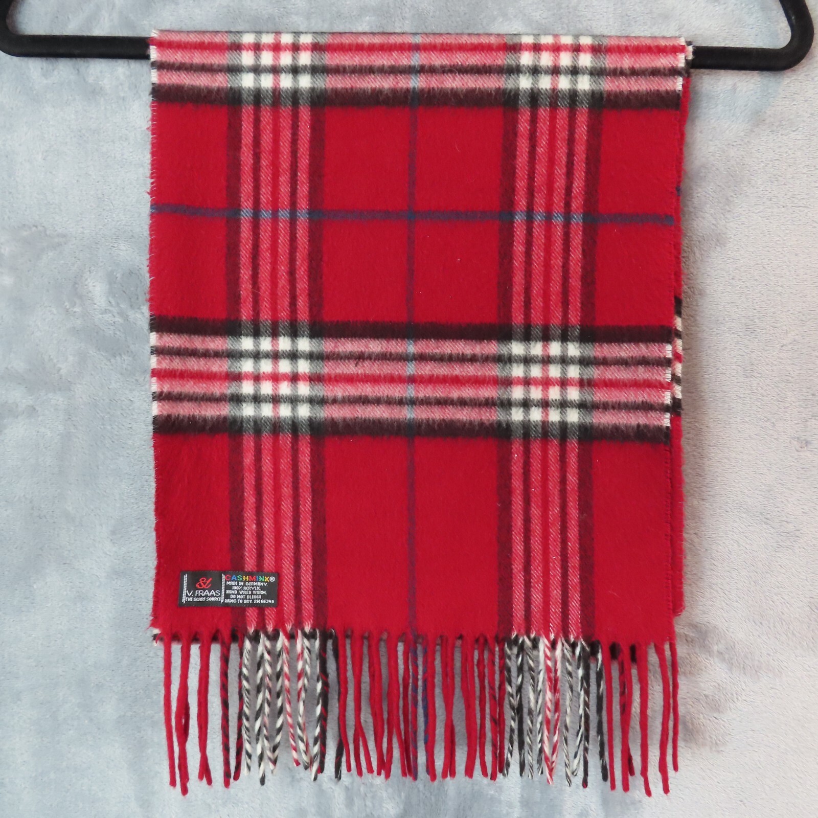 CASHMINK Red Plaid Scarf Womens Mens Made Germany Holiday Classic 53" Christmas