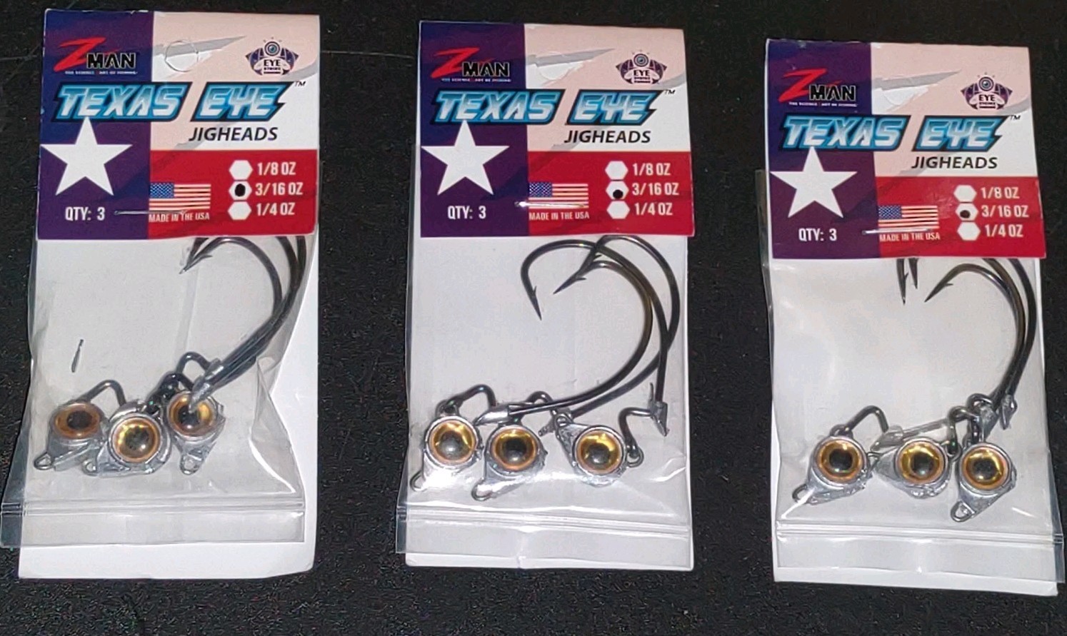 Lot of 3 Z-Man Texas Eye Jigheads Articulated Swinging Fishing  3/16 oz Gold (9)
