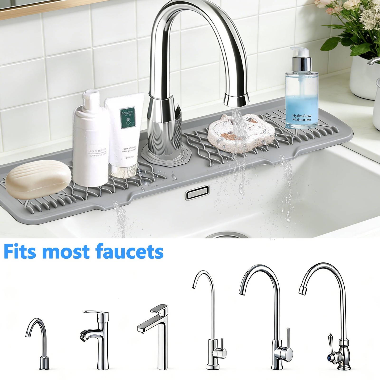 24 Inch Silicone Faucet Mat for Kitchen Sink, 7° Slope Fast Self-Draining Sin...