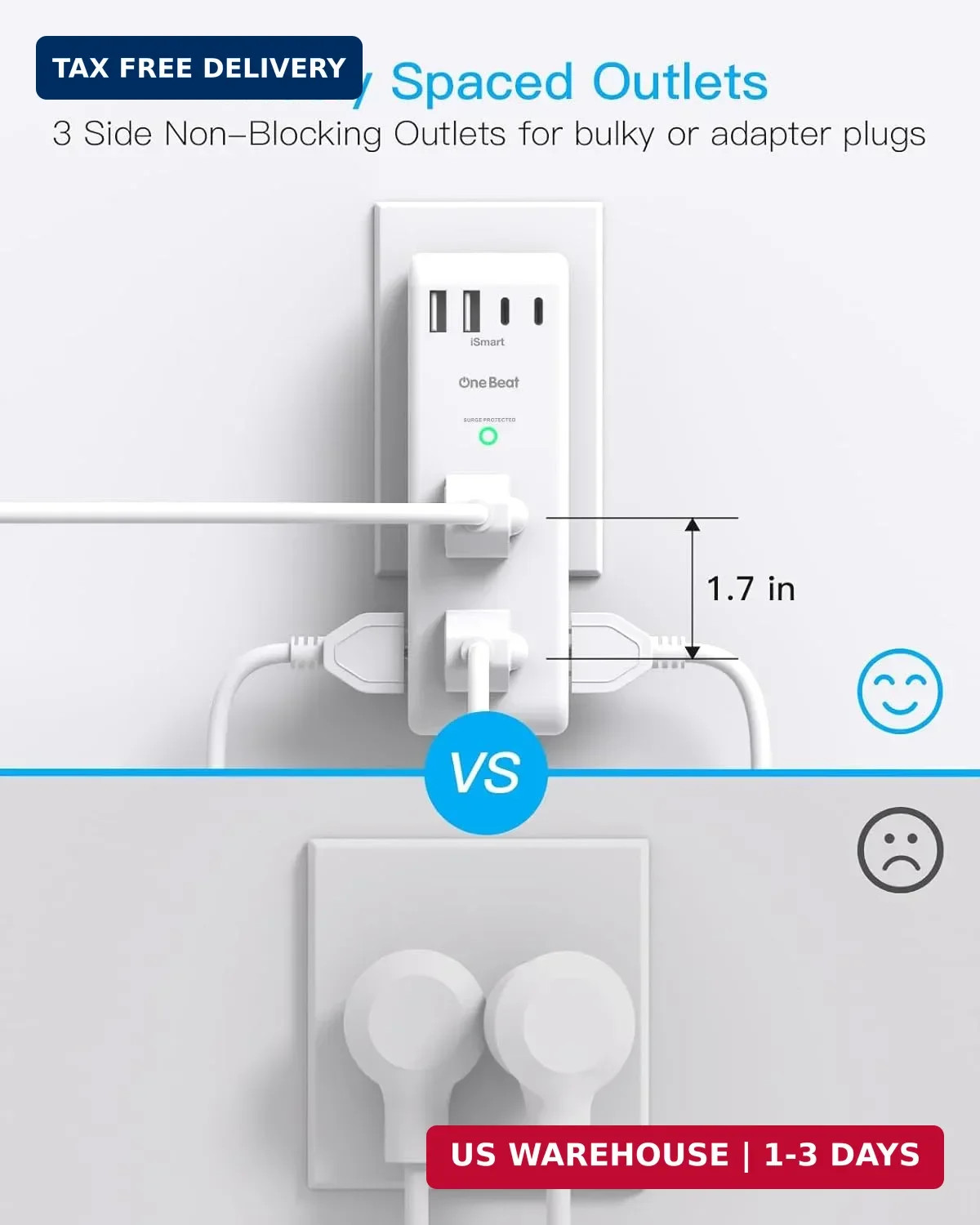 Surge Protector Outlet Extender - with Rotating Plug, 6 AC Multi Plug Outlet wit