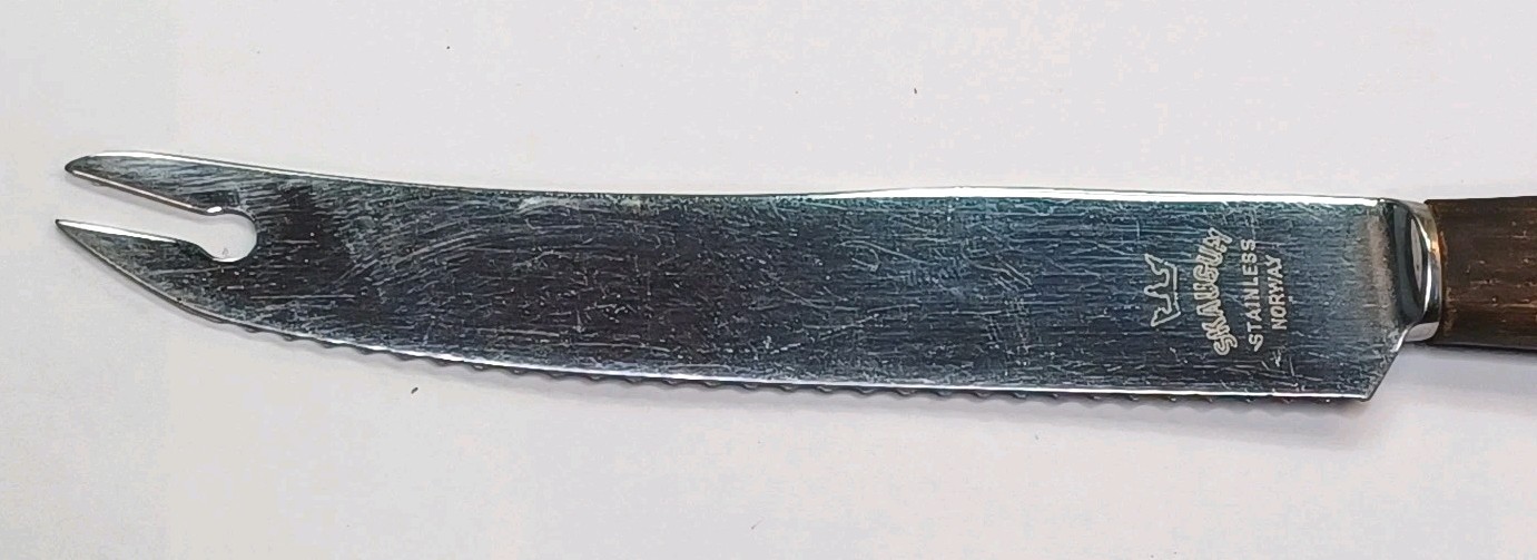 Vtg SKAUGUM 4.25" Serrated Cheese Knife W/ Wood Handle F/ Norway