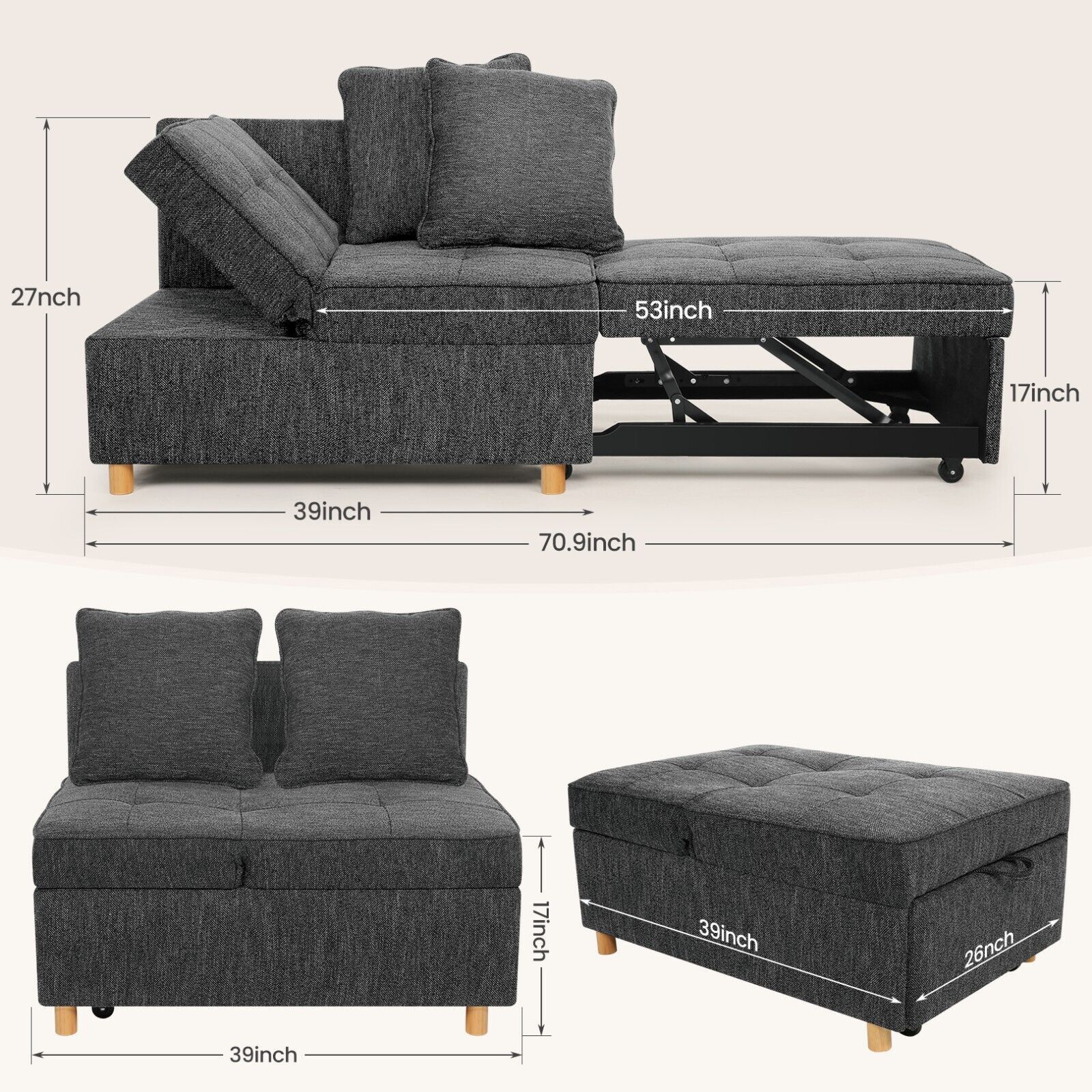 Folding Ottoman Sofa Bed, Convertible Chair 4-in-1 Multi Function Sleeper Sofa🔥