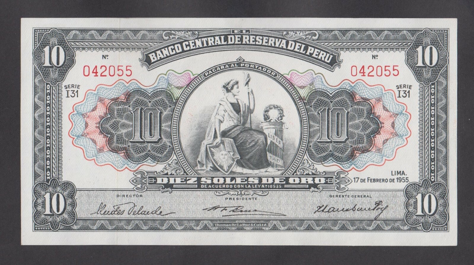 🔴PERU 10 Soles de Oro  17.2.1955 UNC-   *P71a   TDLR  Serie 131 🔴