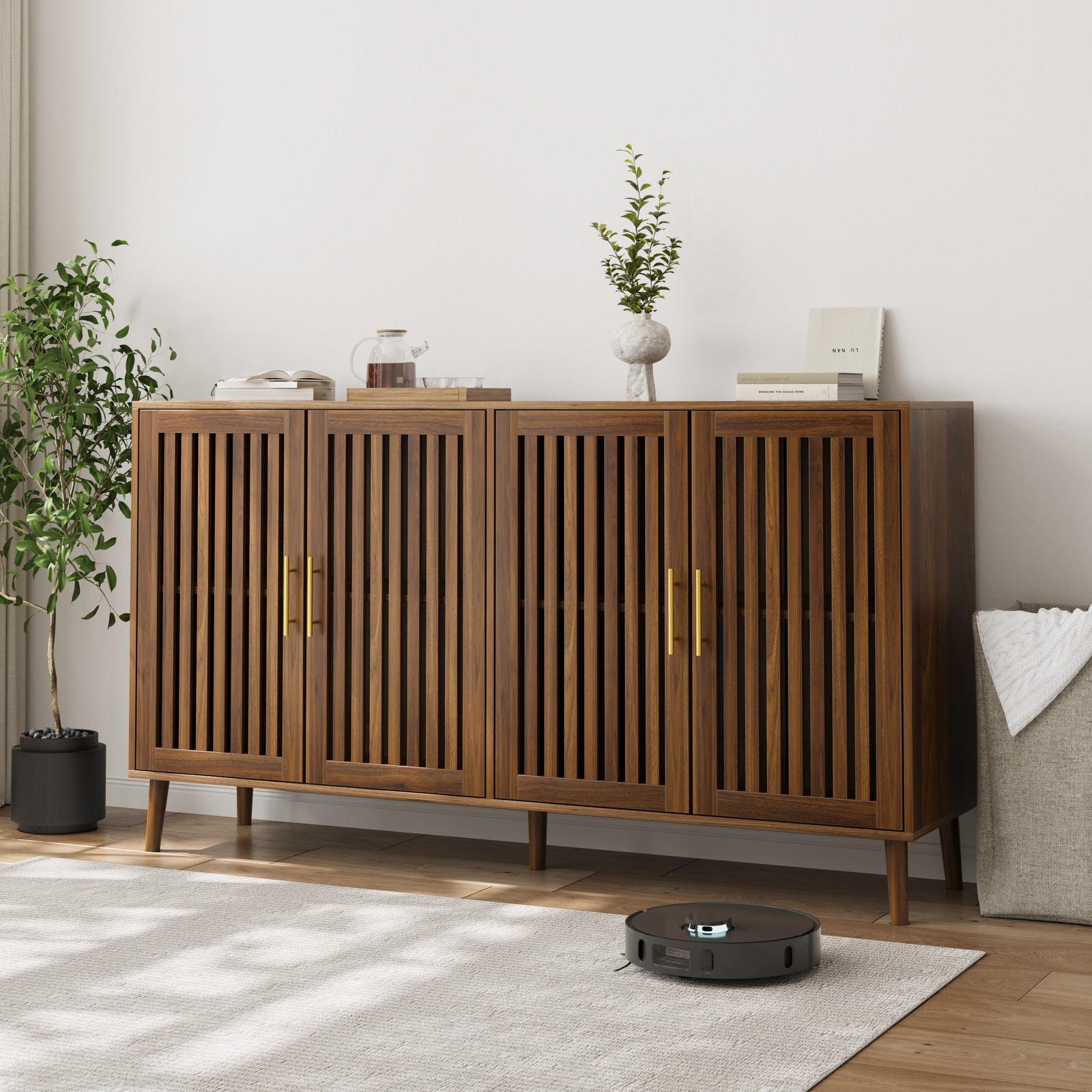63 inch Walnut Sideboard Buffet Cabinet With Storage ,Grille-Striped 4 Doors S