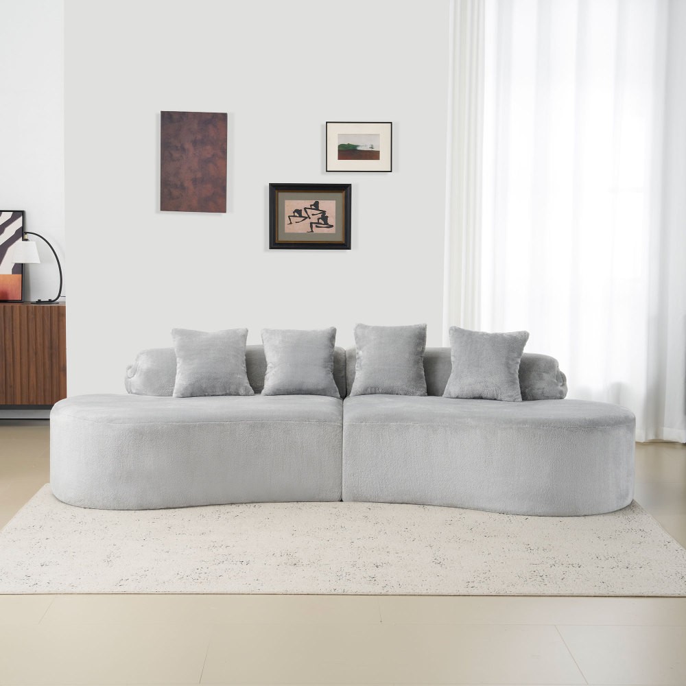 Curved Flannelette Sofa w/ Pillows, Light Gray, 4-Seat Modern Sectional