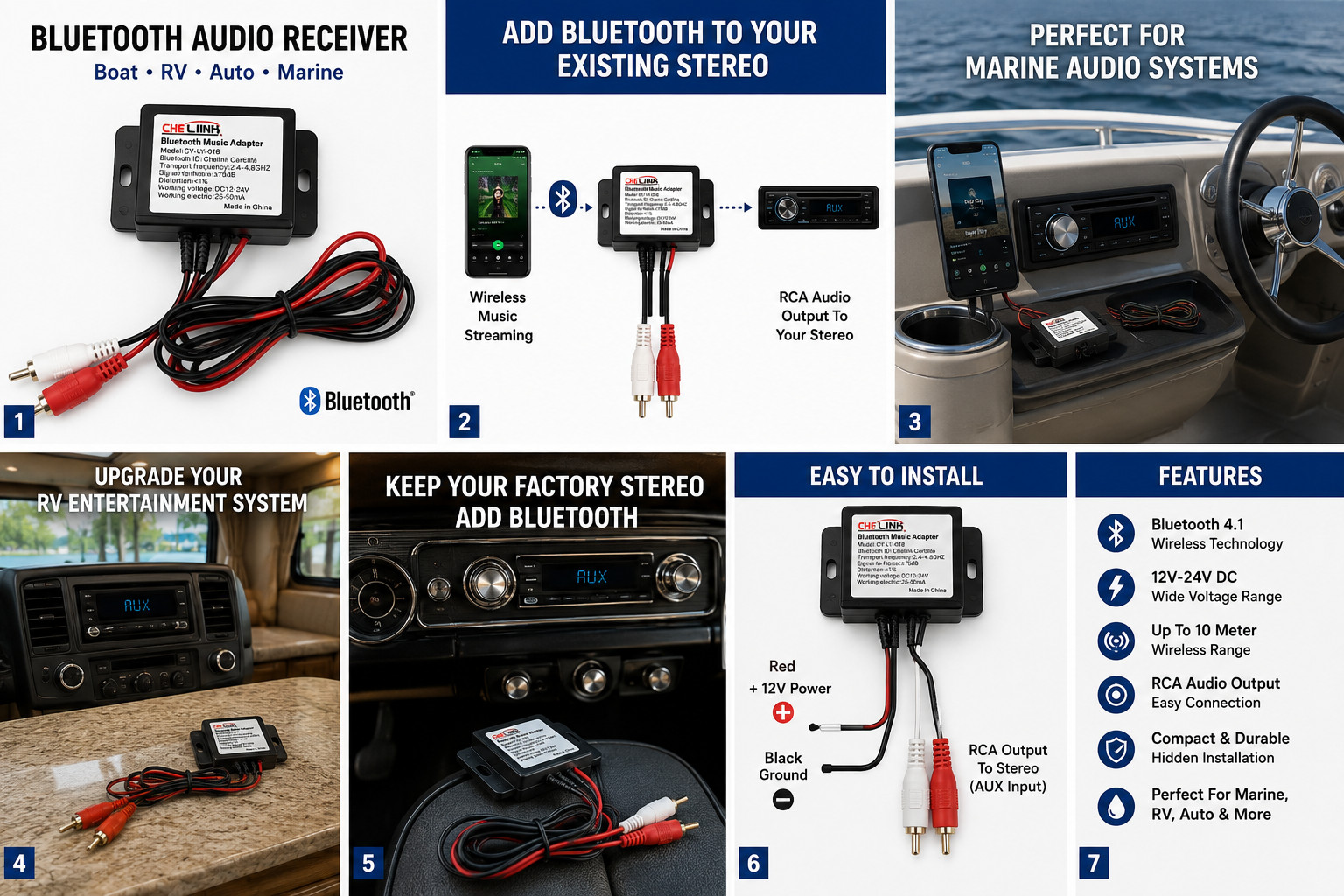 12V Bluetooth Audio Receiver RCA AUX Adapter for Marine RV Car Stereo CY-LY-018