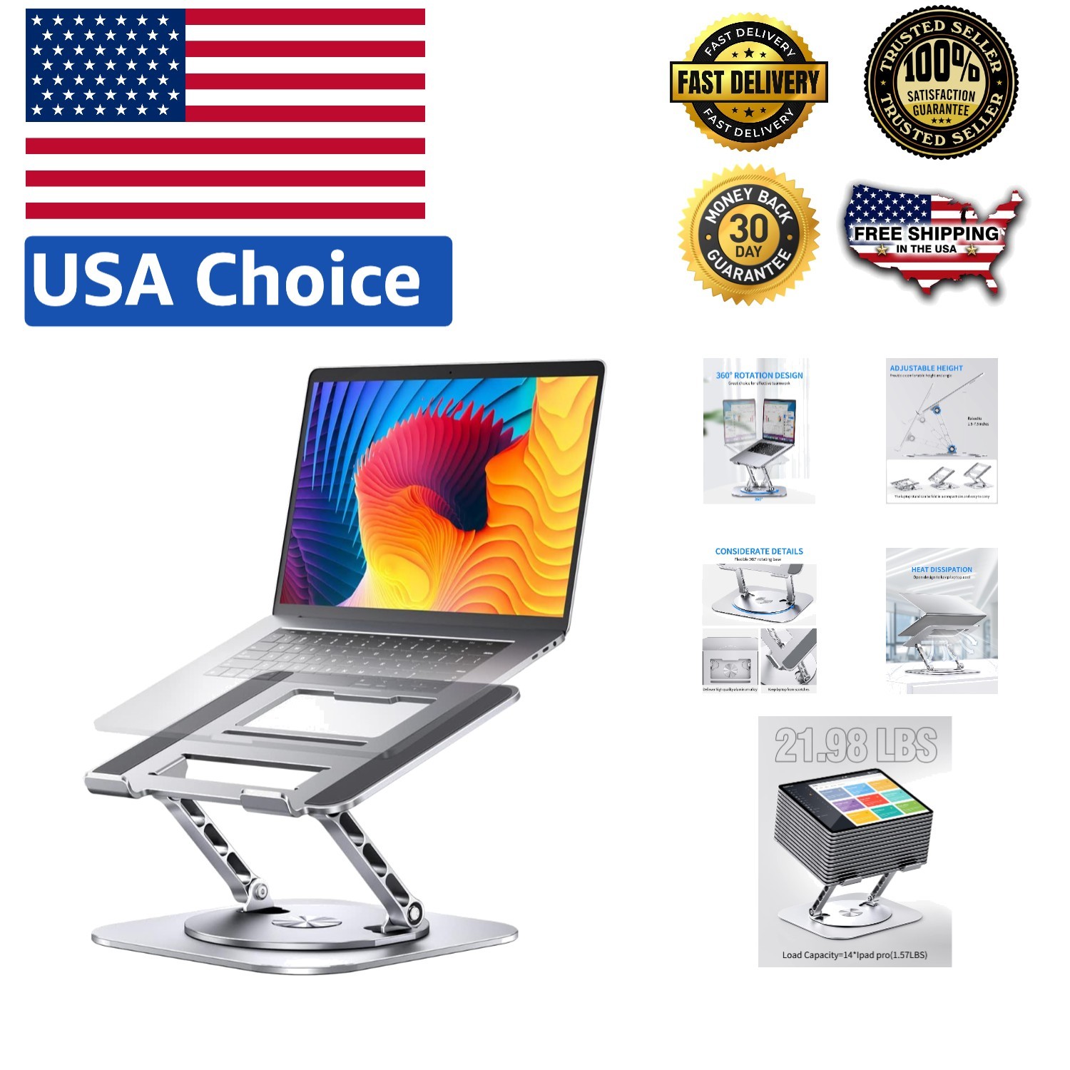 Ergonomic Adjustable Laptop Stand with 360° Rotating Base for 16-Inch Devices