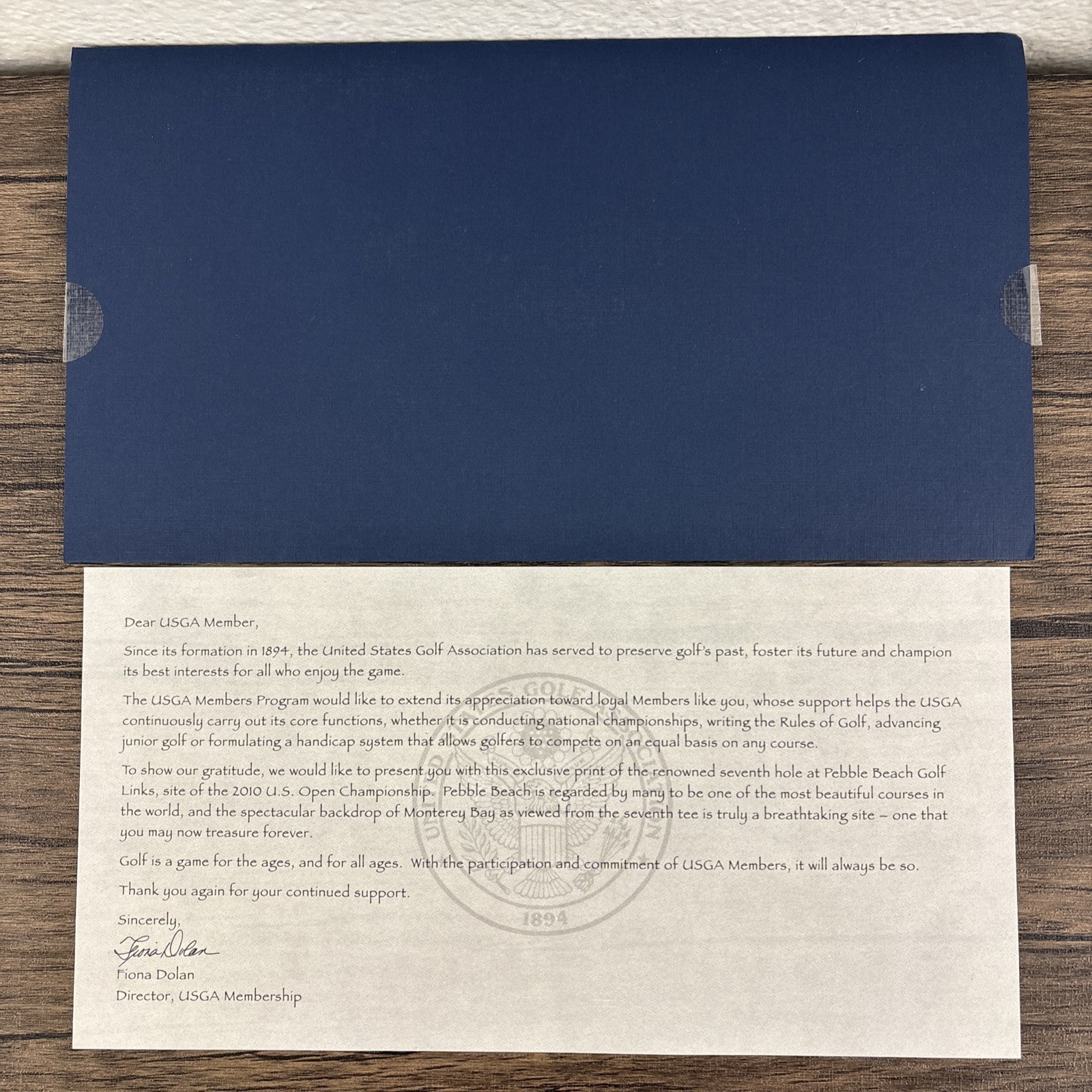Letter & Print For USGA Members 7th Hole Pebble Beach 2010 US Open 10.5” x 5.5”