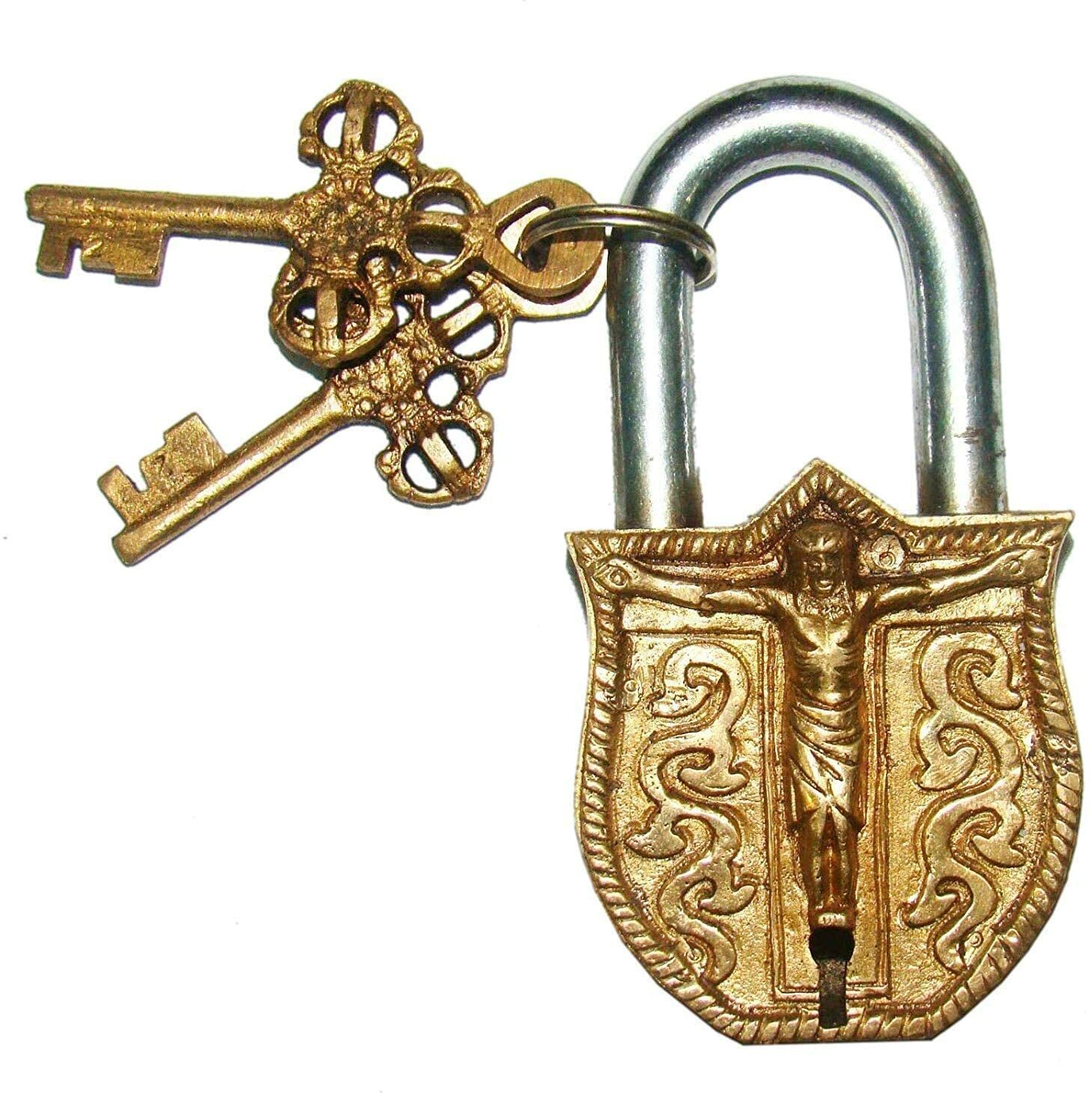 Door Lock Brass Padlock with Crucifix Relief Depicting Jesus Christ on The Cross