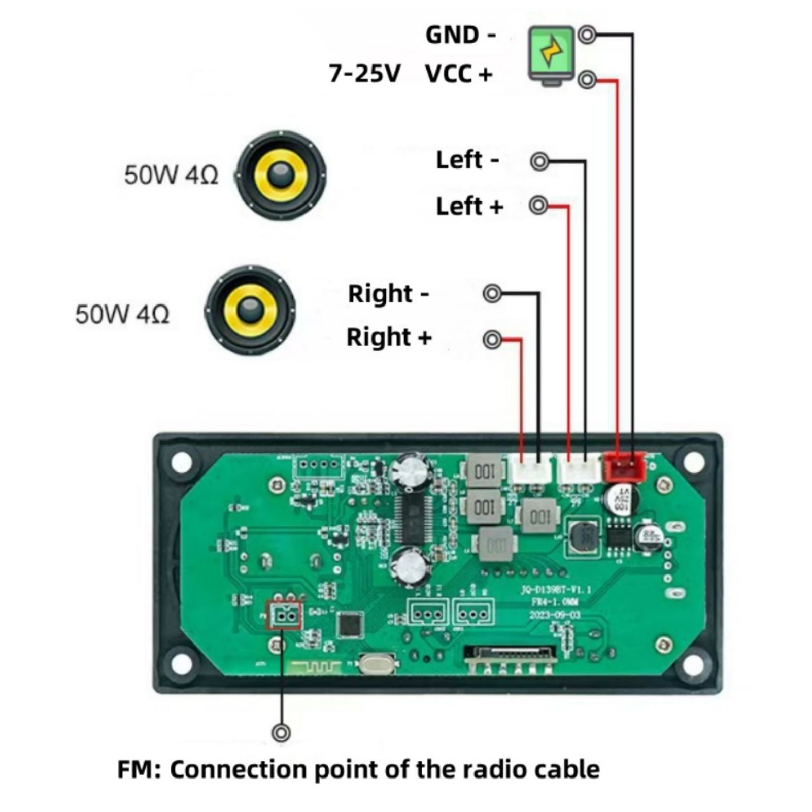 DC7-25V Car Bluetooth MP3 Amplifier Decoding Board 2*50W FM Audio Decoder+Remote