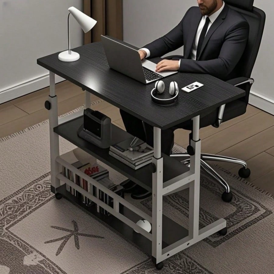 Adjustable Height Rolling Desk with Storage Shelves Mobile Laptop Stand Black