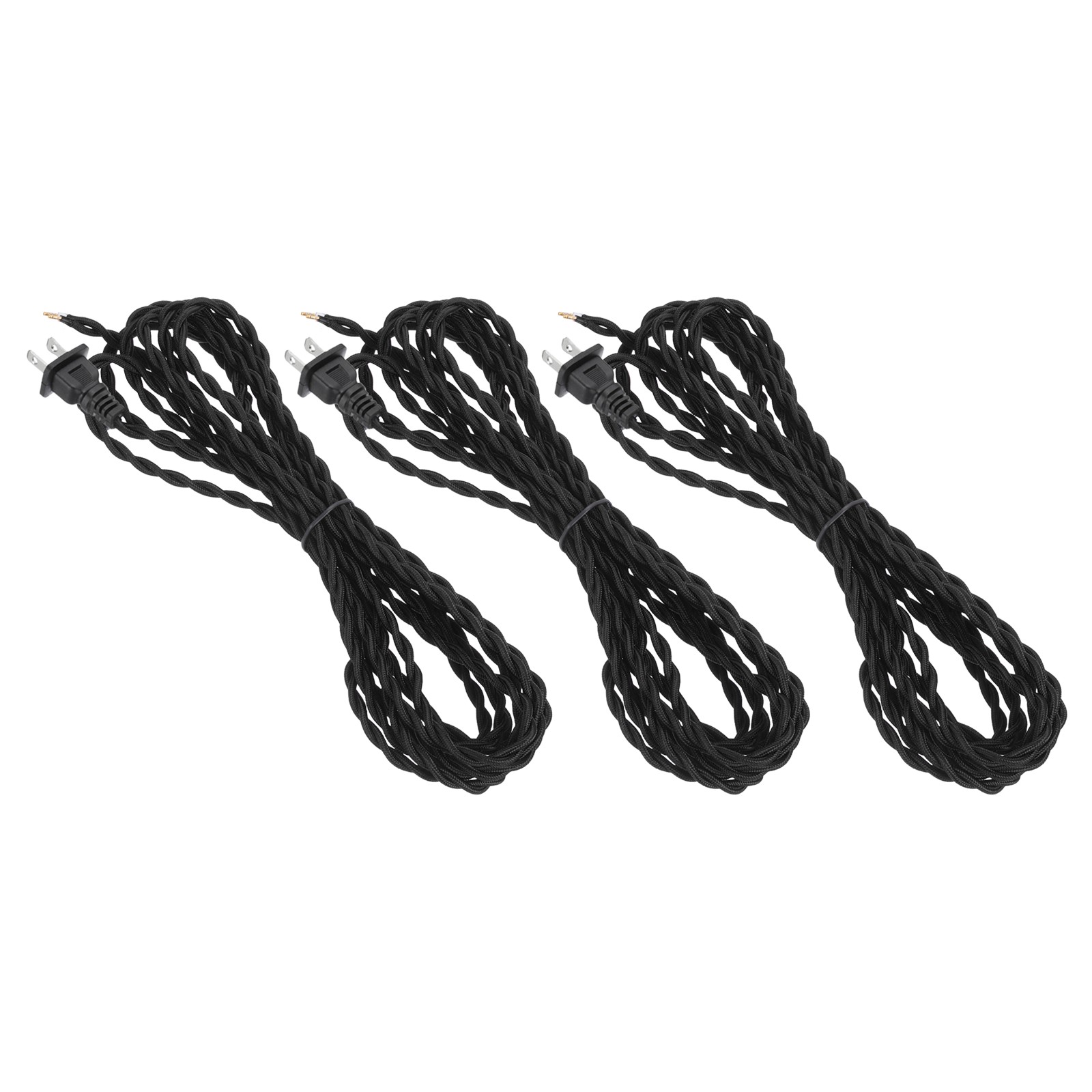 3Pcs, 15Ft 18/2 Twisted Cloth Lamp Cord with Plug Black