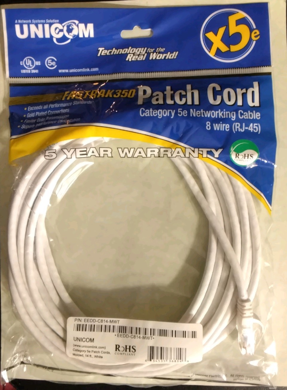 CAT5E  NETWORKING CABLE (RJ-45) PATCH CORD WHITE 14FT UNICOM EEDD-C814-MWT   NEW