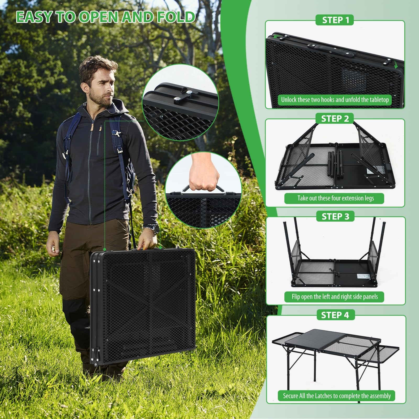 Nice C Camping Table with Solar Charger, Side Shelves, Mesh Net & Cup Holders