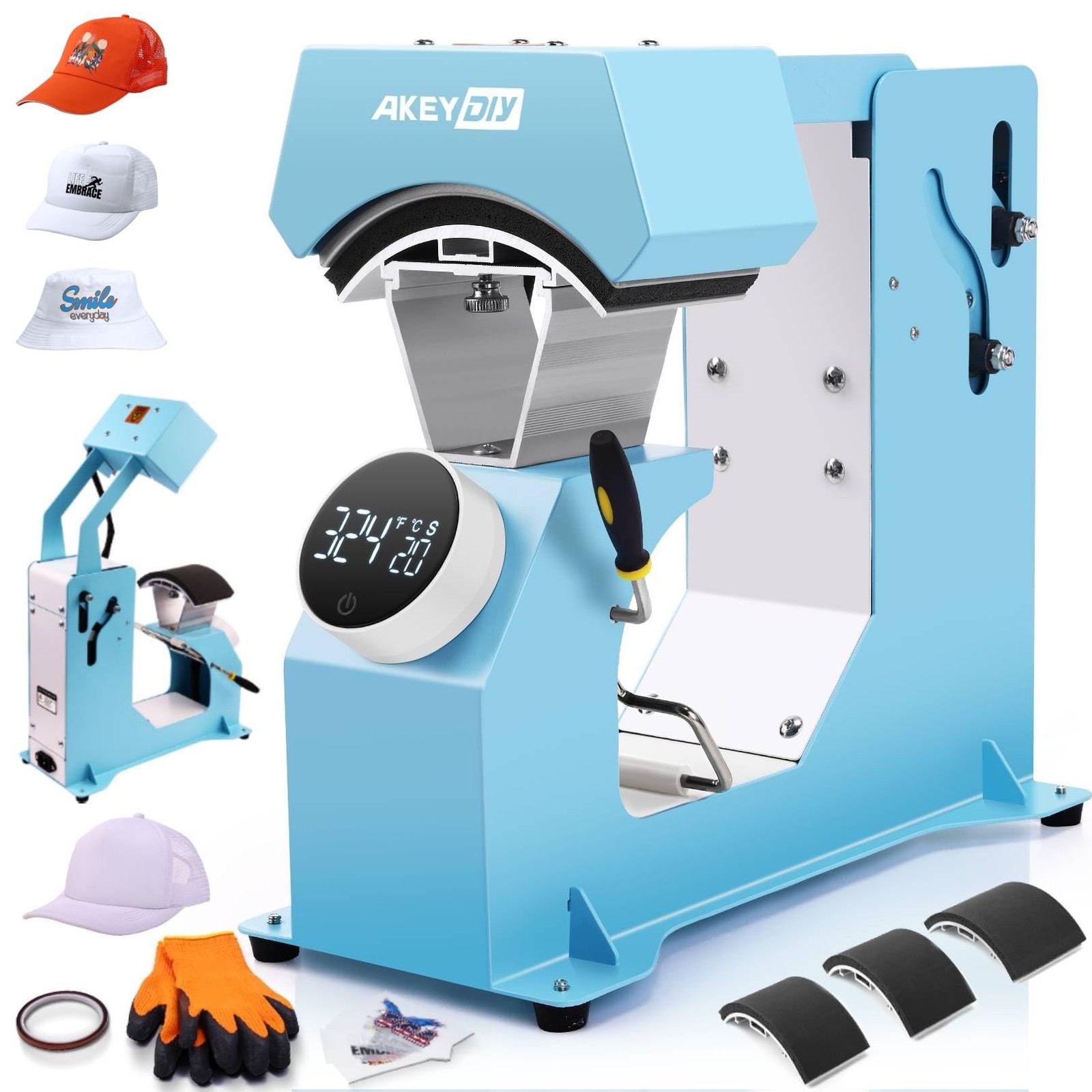 AKEYDIY Auto Hat Heat Press Machine for Caps with 3pcs Interchangeable Platen...
