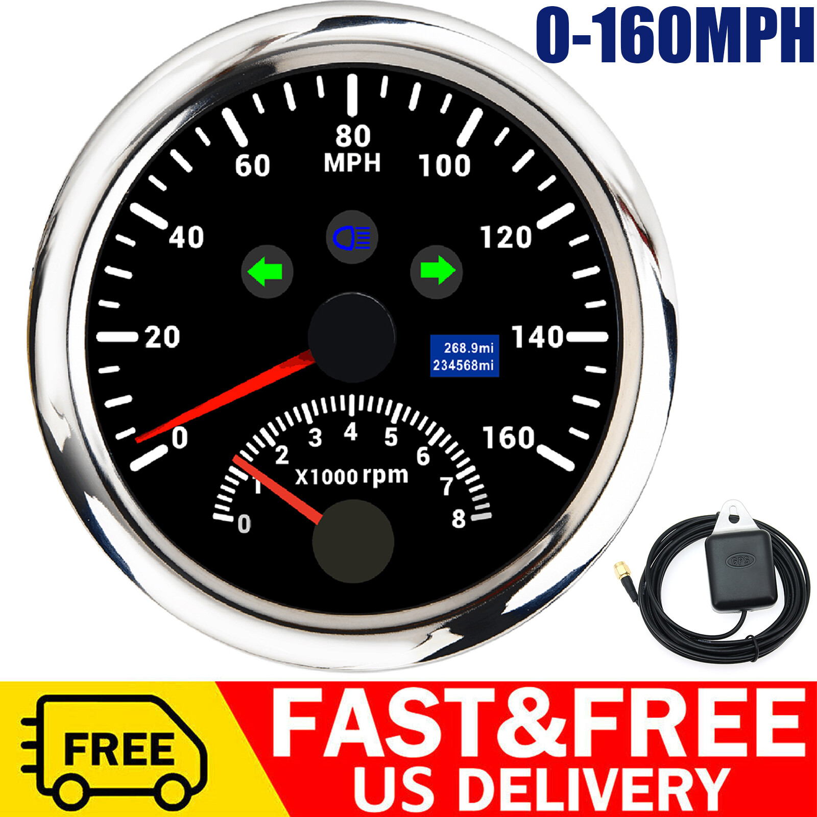 85mm GPS Speedometer 160MPH with Tachometer 8000RPM Gauge for Marine Boat Car US