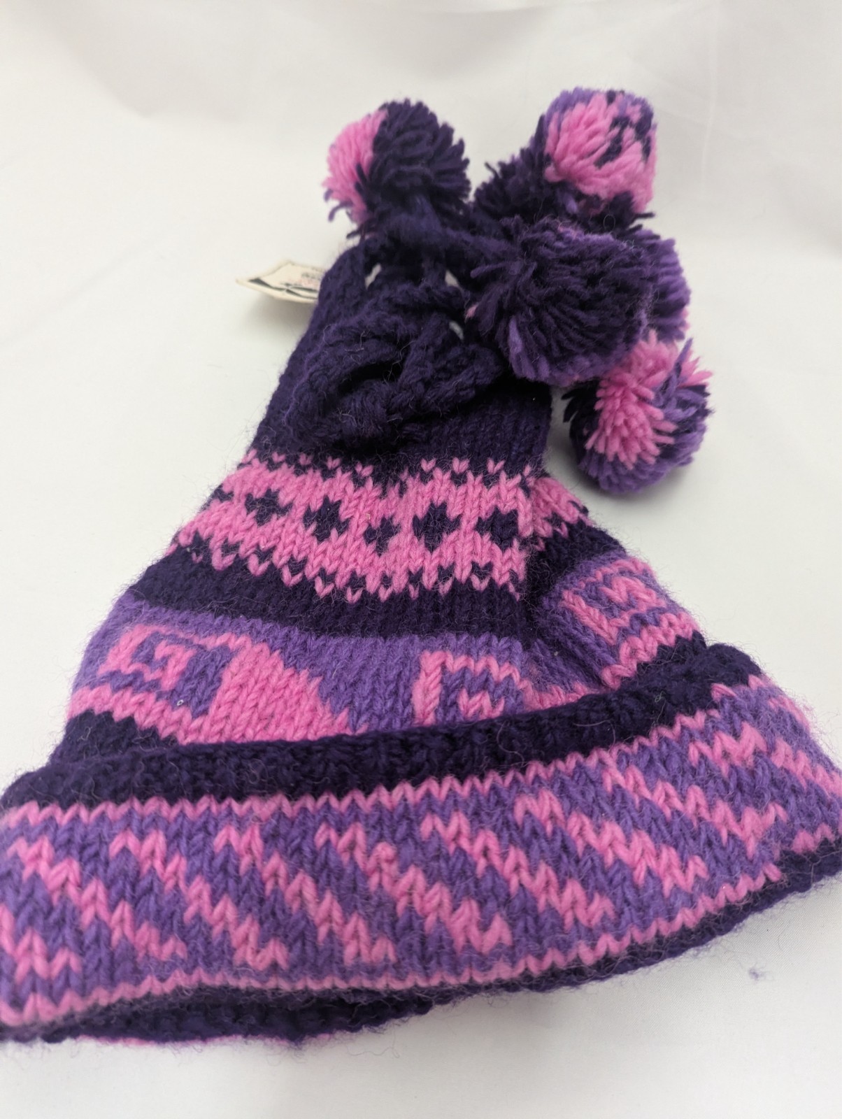 Black Yak Hat Pink Purple knitted Wool with pompom tassels