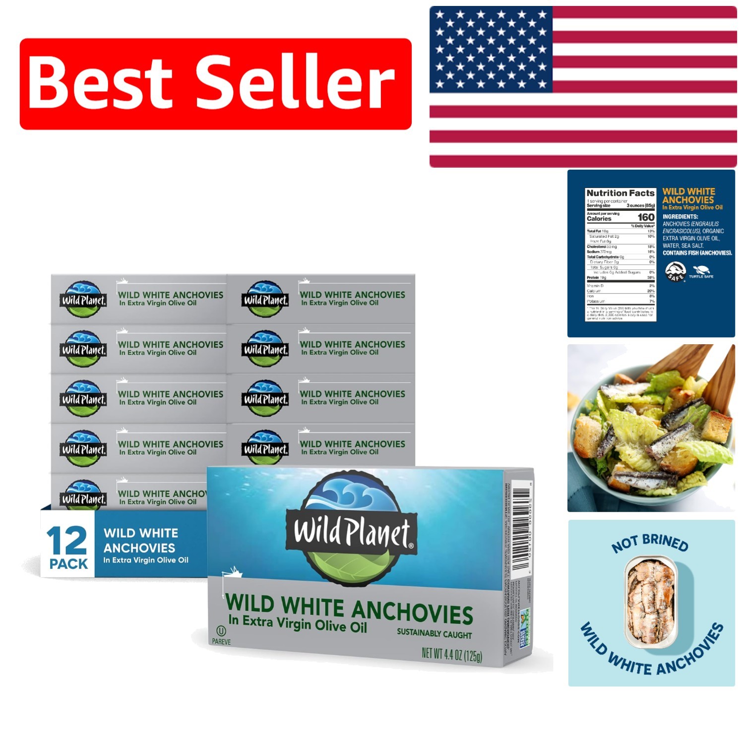 Delicate White Anchovies in Organic Extra Virgin Olive Oil, 12x 4.4 Ounce Tins