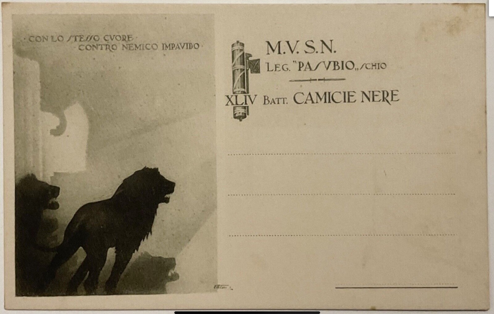 REGNO D’ITALIA MVSN LEGIONE PASUBIO SCHIO CARTOLINA XLIV BATTAGLIONE CAMICE NERE