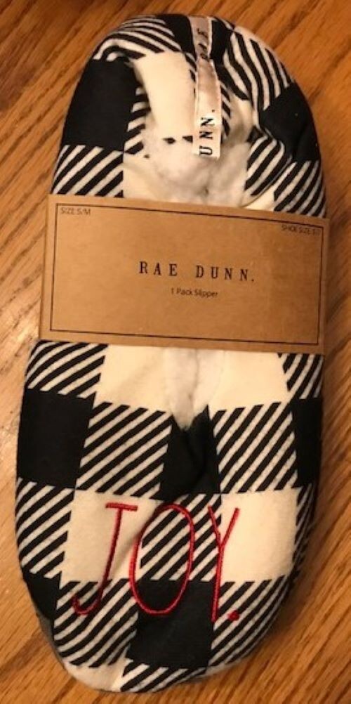 NWT Rae Dunn White and black plaid￼ slippers - JOY - Size S/M  5-7