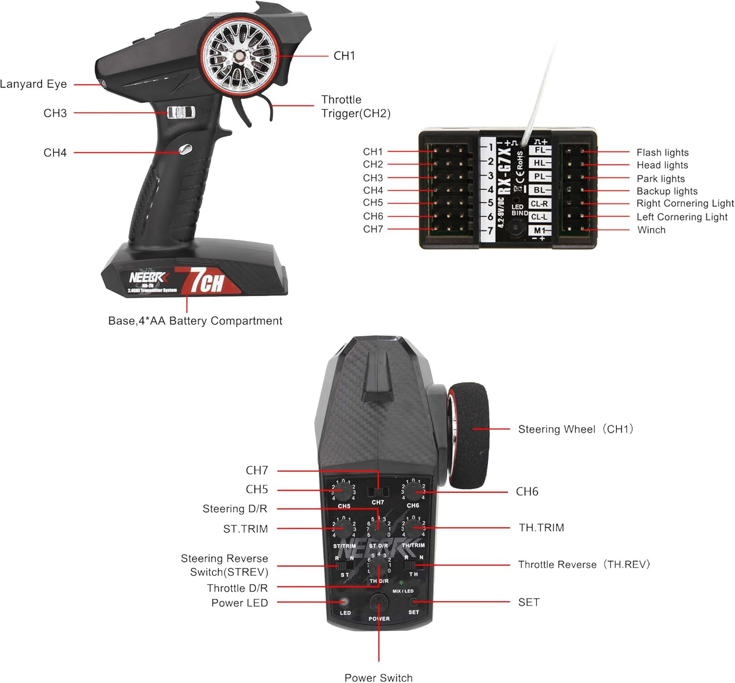 7 Channels RC Transmitter with Receiver Built-In Light Control System and 12LED