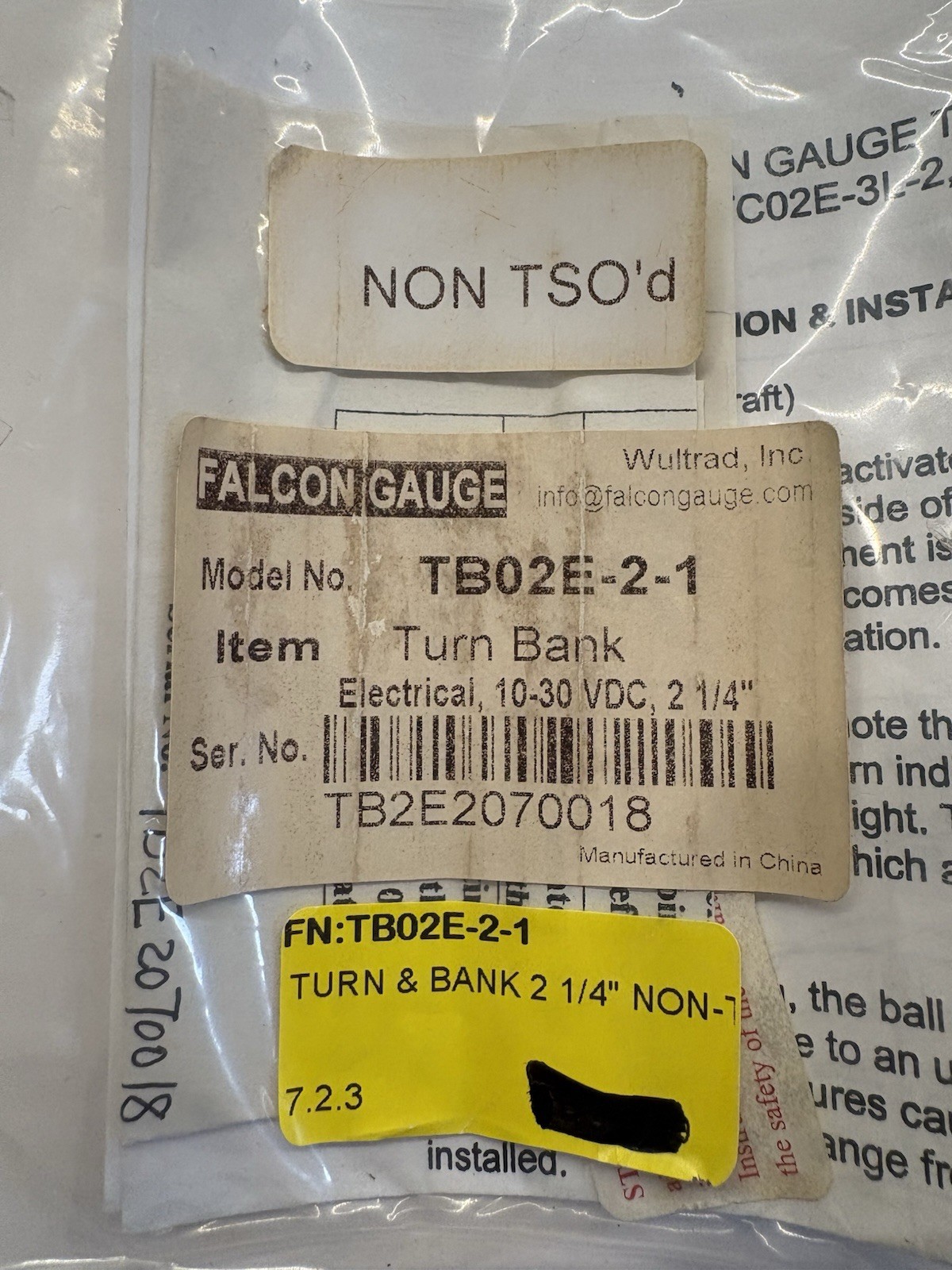 Falcon TB02E-2-1 Turn Coordinator (turn & Bank Indicator) 2.25”