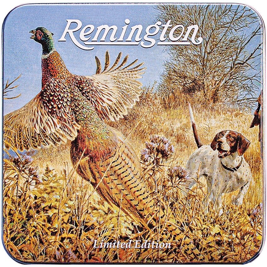 Remington Flushing Pheasant Peanut Lockback Knife Gift Set Tin White Smooth Bone
