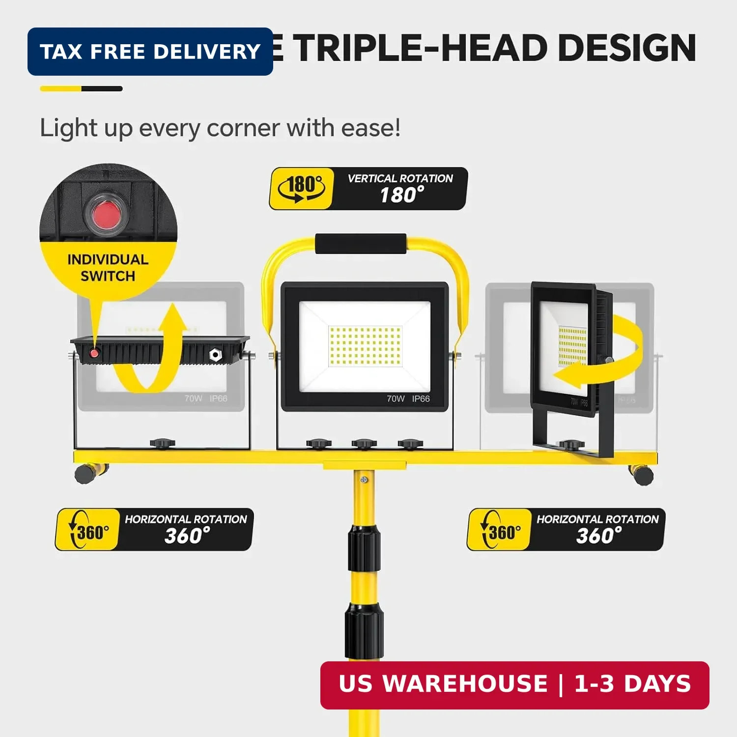 LED Work Lights with Stand: 3 Head Adjustable Work Light with Individual Switch,
