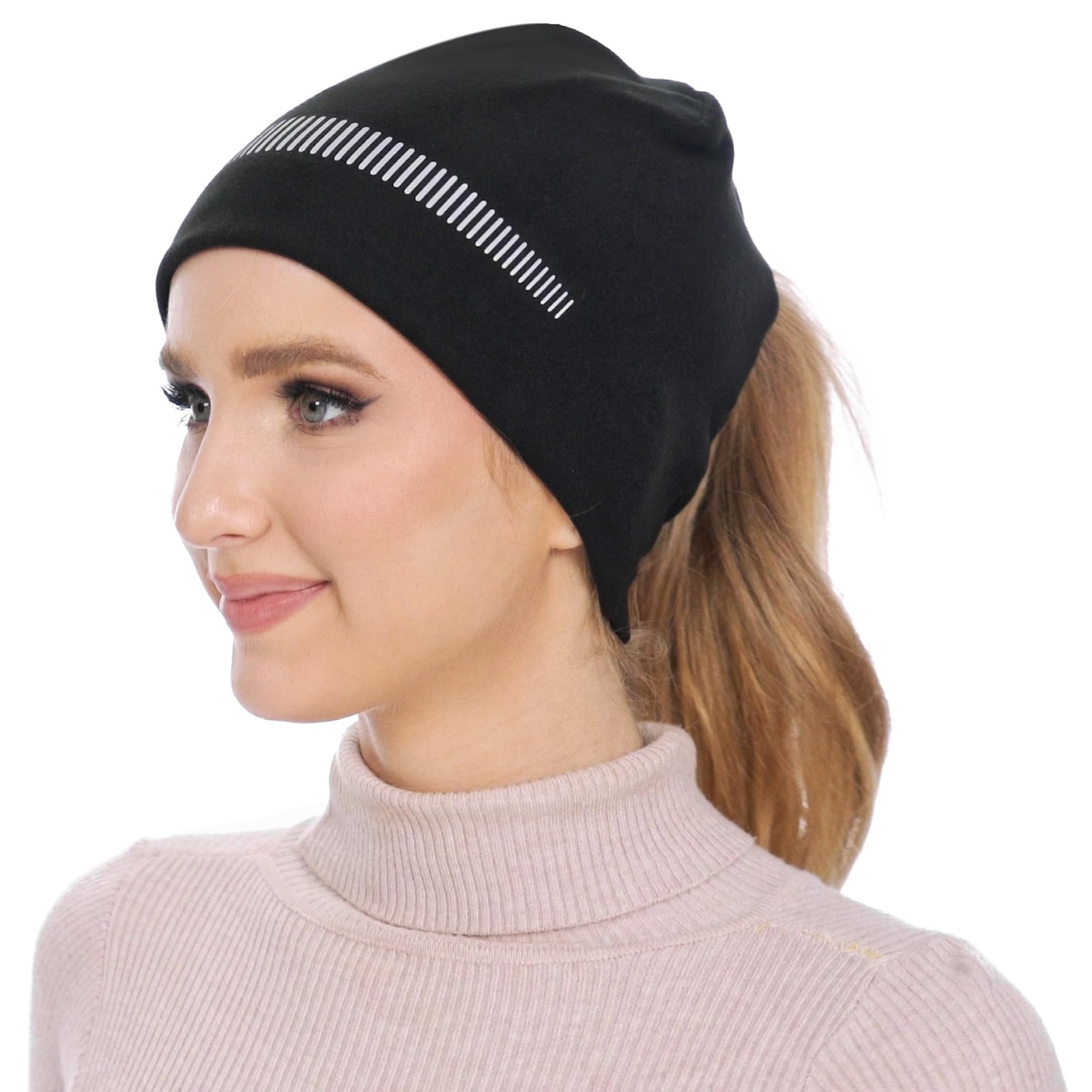 Ponytail Beanie for Women Running Winter Hat with Reflective Accents Thick Wa...