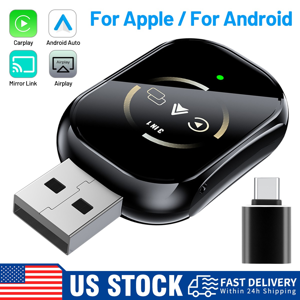 4-in-1 Wireless CarPlay/Android Auto /Mirror Link /AirPlay Adapter Box Plug&Play