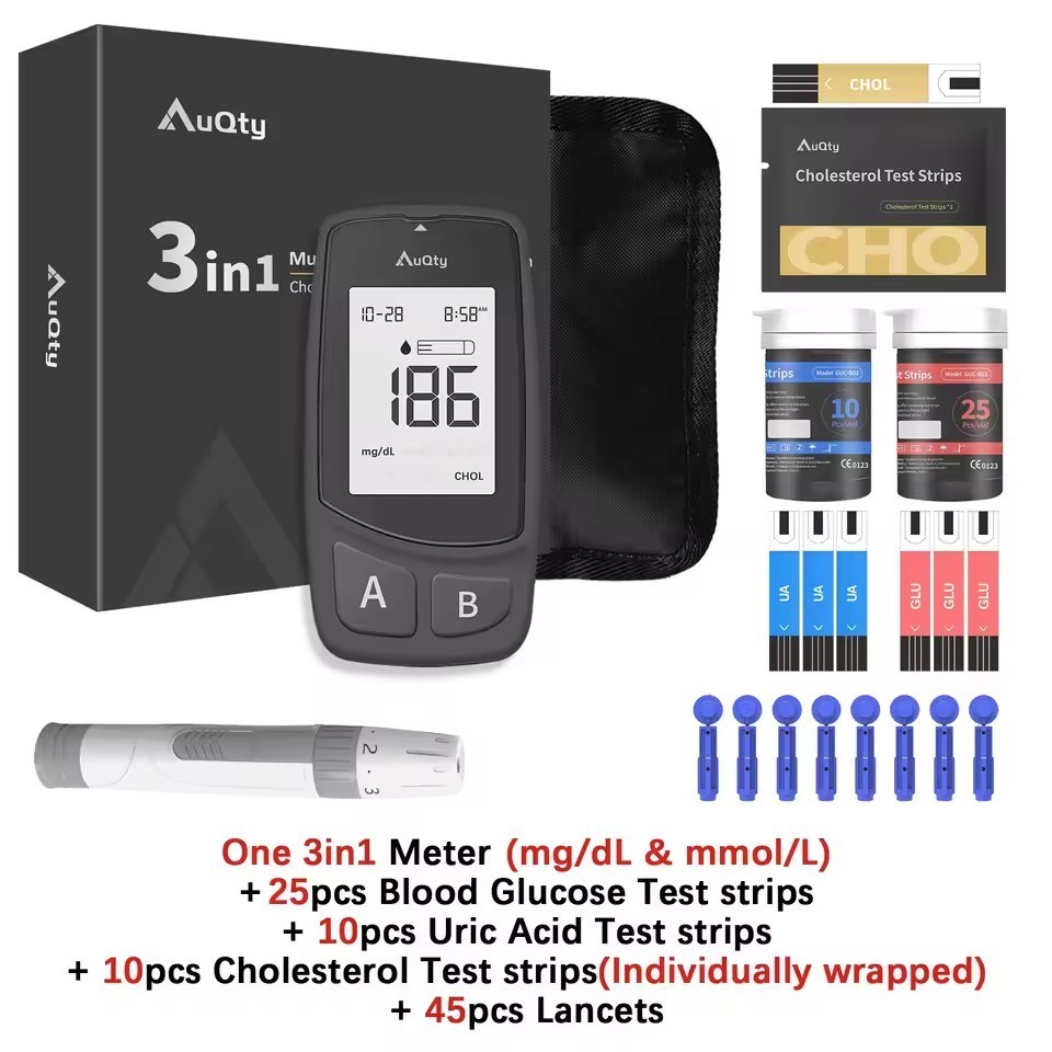 3-in-1 Glucose Uric Acid & Cholesterol Test Kit – Home Monitor with 45 Strips H