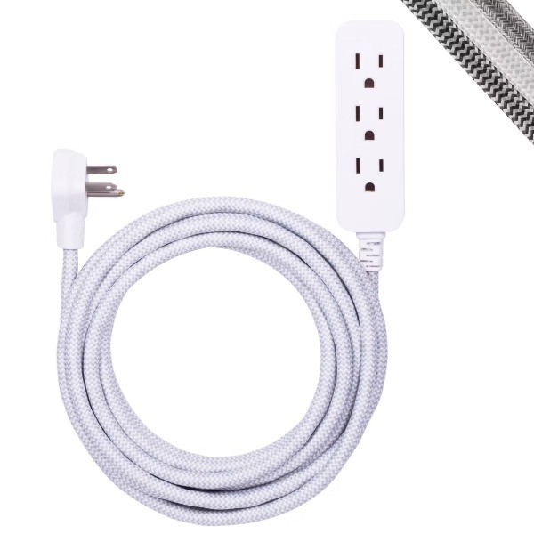 3-Outlet Grounded Extension Cord ; Braided Cord Gray/White