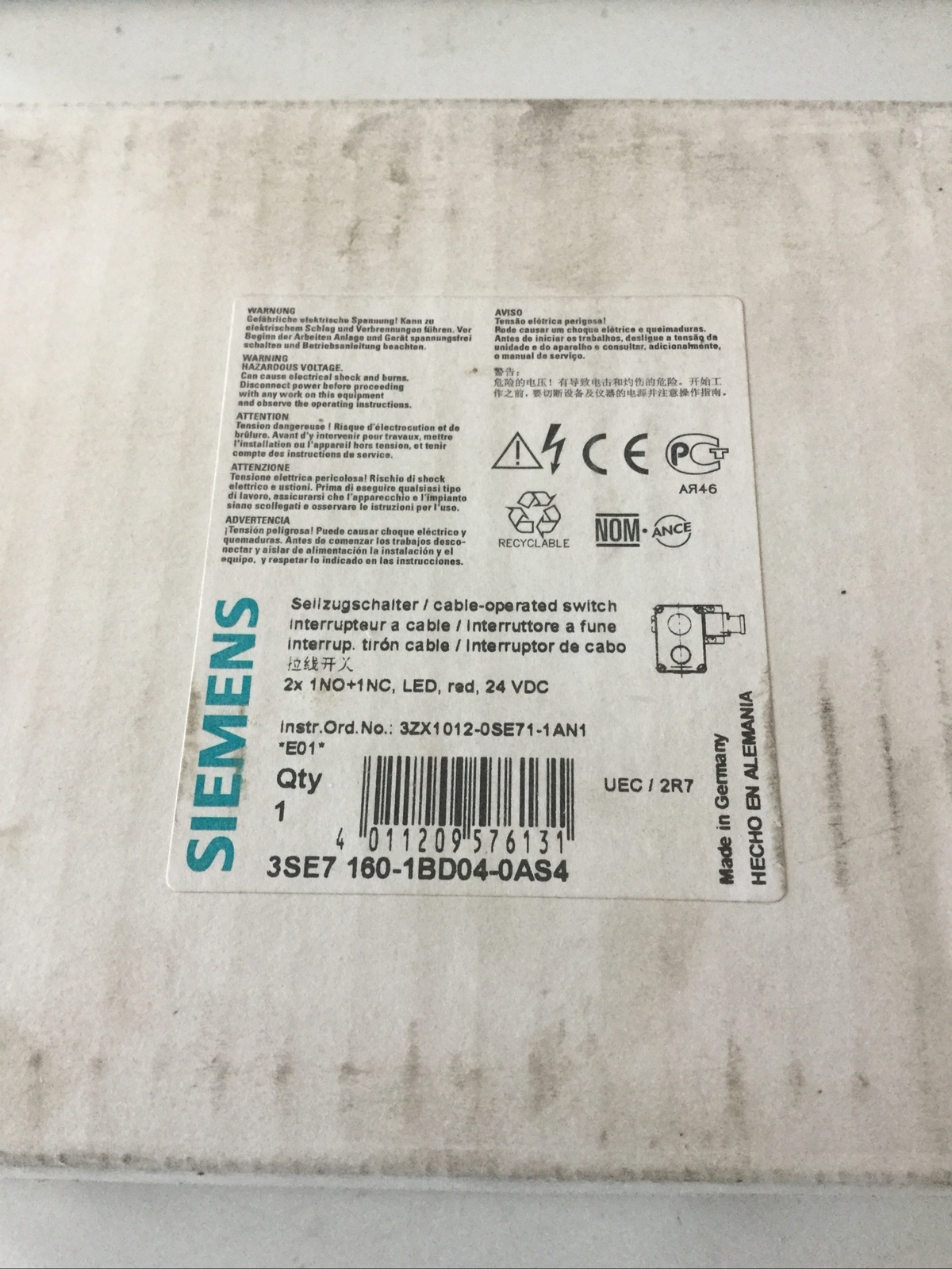 Siemens 3SE7 160-1BD04-0AS4 Cable-Operated Switch - 3SE71601BD040AS4 New