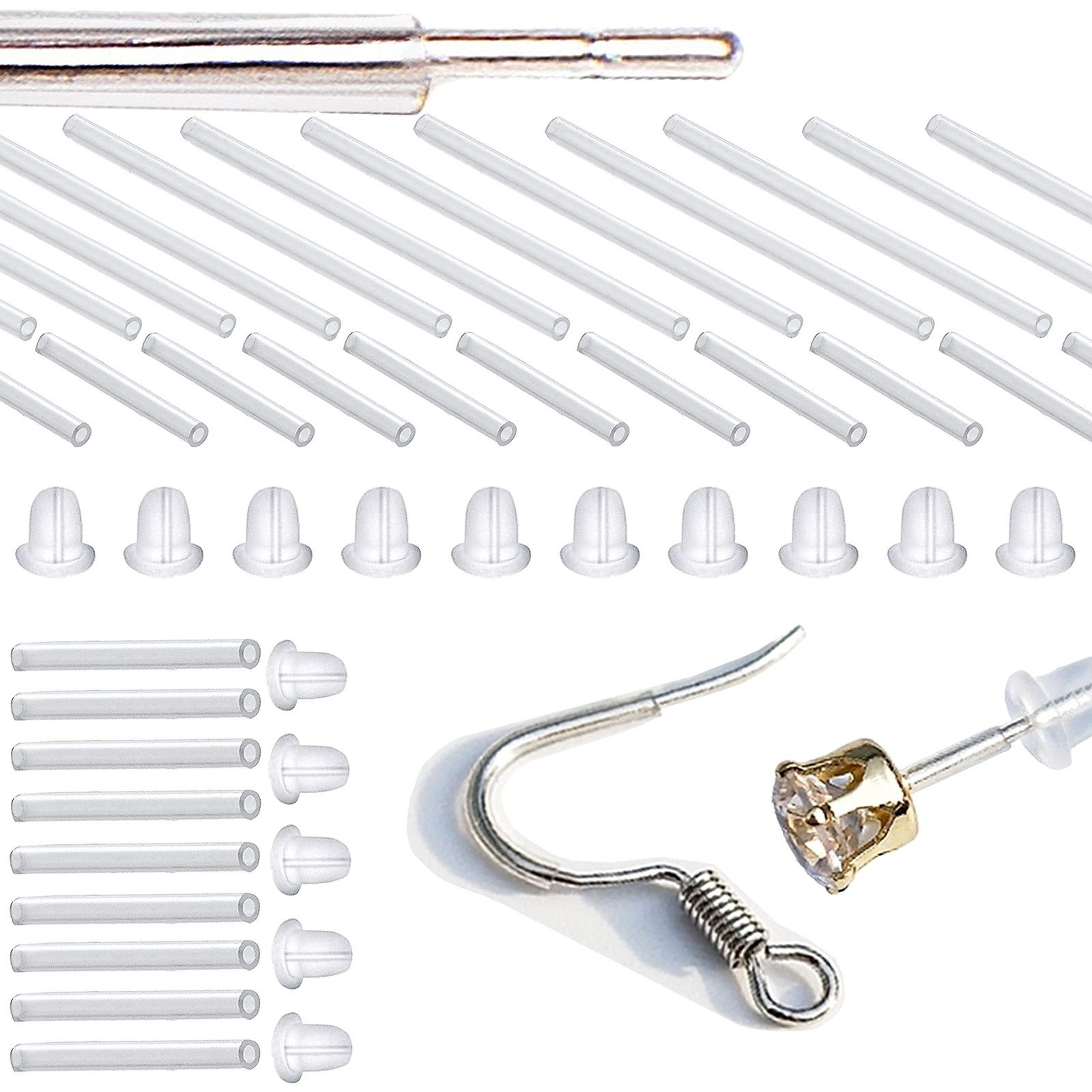 60pcs Silicone & Plastic Anti-Allergy Earring Sleeves & Protectors (Flexible,...