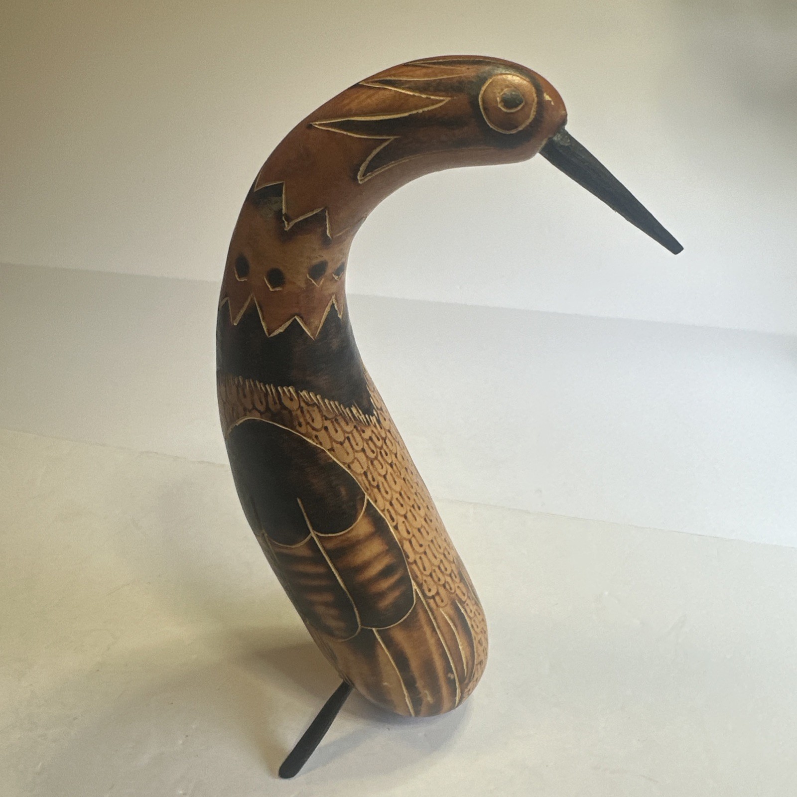 Hand Carved Peruvian Gourd Bird Primitive 9” Tall