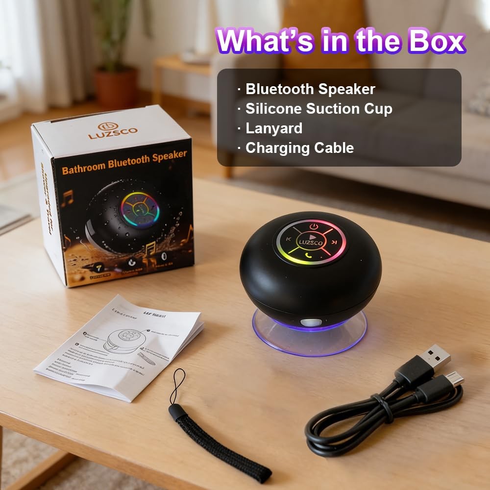 Luzsco Bluetooth Shower Speaker with LED – Portable Wireless Mini Black