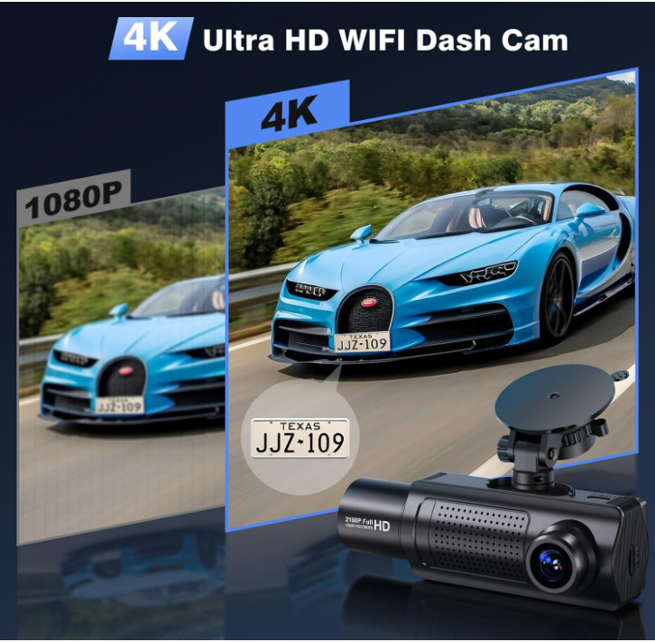 SHRINLUCK 4K+1080P+1080P 5.8GHz WiFi Dash Cam Front and Rear Inside, 64G SD